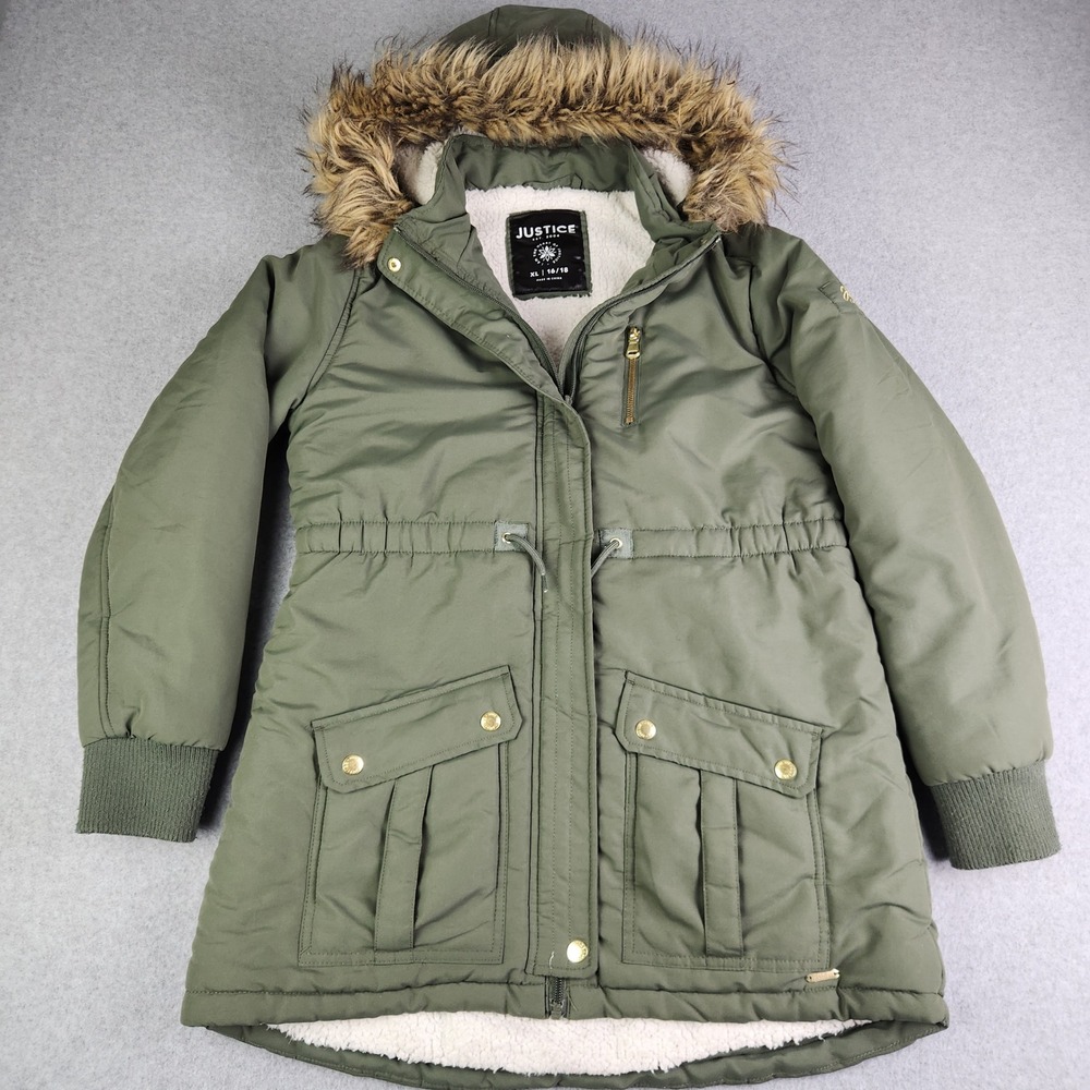 Justice Parka Jacket Girls XL 16/18 Olive Green Sherpa Lined Fur Hooded Zip Up